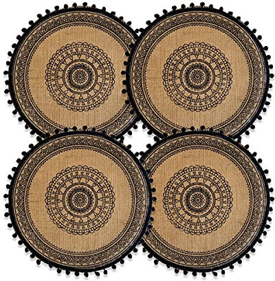 CcHhyyt Set mit 4 Stück Boho Platzsets rund gewebte Jute-Fransen-Tischsets mit Quasten Pompon Platzset für Esszimmer wasserdichte Tischdekoration Baumwolle Kaffeematte Wohnkultur (Schwarze Pompon)