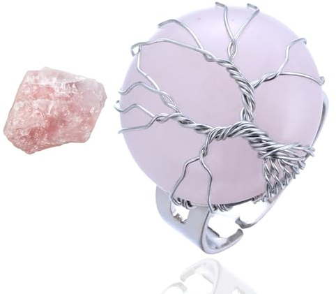 HALUKAKAH Bague en Pierre Naturelle et Cristal - AMOUR LUNAIRE - Fil Arbre de Vie Fait Main Plaqué Platine, Forme de Pleine Lune en Quartz Rose, Taille Réglable, Cadeau pour Elle