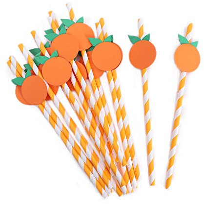 Orange Paper Straws - Biodegradable Disposable Drinking Striped Paper Straws 15 Pieces, Little Cutie Straws, Little Cutie Baby Shower Decorations, Little Cutie Themed Birthday Decorations