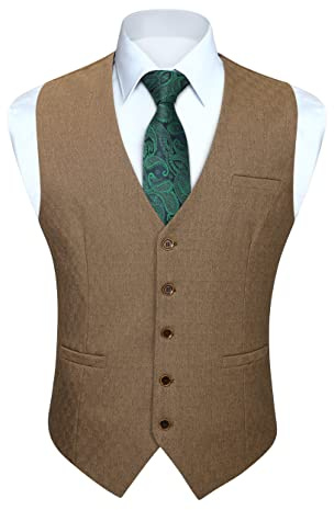 HISDERN Chalecos para Hombre de Vestir Marrón de Fiesta de Boda Formal Elegantes Clásico Chaleco Traje Hombre de Algodón Con Bolsillos Negocio L