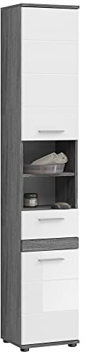 Newroom Schrank Rauchsilber Weiß Hochglanz Badschrank Modern - 35x191x31 cm (BxHxT) - Hochschrank Badezimmermöbel - [Pelia.Three] Bad Badezimmer