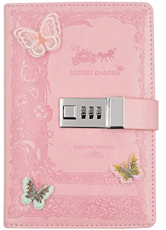 NectaRoy Lockable Diary, PU Leather Password Notebook Agenda(Butterfly decor), B6 Secret Travel Journal with Lock for Office School Supplies Student Stationery Birthday Gift, 200x135mm