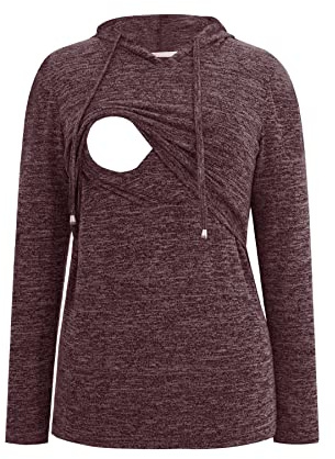 Smallshow Women's Nursing Tops Long Sleeve Breastfeeding Shirt Hoodie Medium Wine