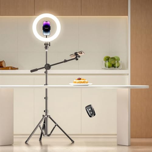 Overhead Stativ Handy mit Ringlicht für Zwei Aufnahme-Positionen, Ringlicht mit Handyhalter, Ringleuchte mit Stativständer, Stativ für Smartphone, Ring Licht für Fotografie/Live-Stream/Makeup