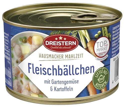 DREISTERN Fleischbällchen 400g I Mit Gemüse & Kartoffeln I Herzhaftes Fertiggericht in recyclebarer Konservendose I Lange Haltbarkeit dank natürlicher Konservierung I Hausmacher Qualität