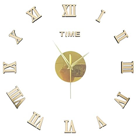 3D DIY Groß Wanduhr Modern,40-50cm Stumm Spiegel Aufkleber Römische Ziffern Ohne Tickgeräusche Uhr aus Acryl Wanddekoration für Zuhause Büro Wohnzimmer Schlafzimmer Küche Büro und Hotel,Gold