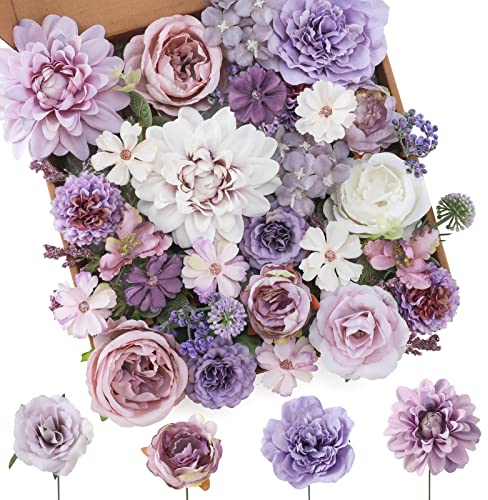 Floweroyal Artificial Flowers Combo Purple Flowers Mix Silk Flowers Dahlia Roses with Stems for DIY Wedding Bridal Bouquets, Baby Shower, Floral Arrangement, Table Centerpieces, Home Decorations.