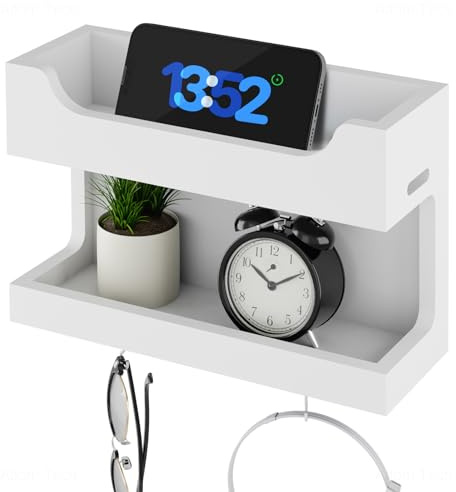 NiHome Wall Mounted Wooden Bedside Accessories Organizer, Double Tray Bedside Wall Storage Shelf Rack with Magnetic Hooks, Bedroom Dorm Wall Caddy Holder for Phone Glasses Alarm Clock Remote (White)