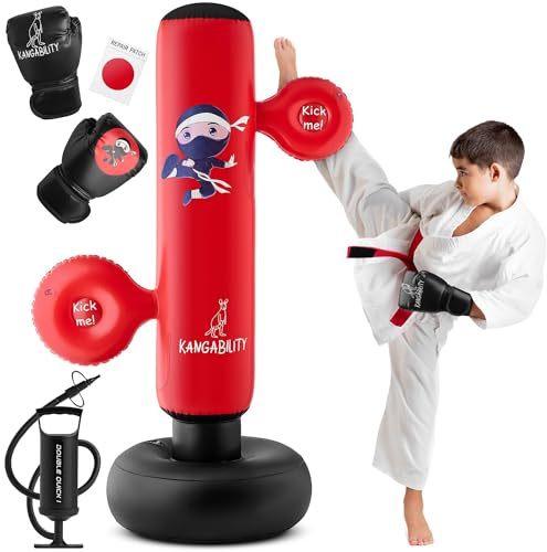 Kangability Kids Punching Bag Set | Tall 5’3” Boxing Bag w/Gloves, 2 Focus Pads, Pump | Standing Bounce-Back Action |Inflatable and Durable Punching Bag fot Kids 3 to 12