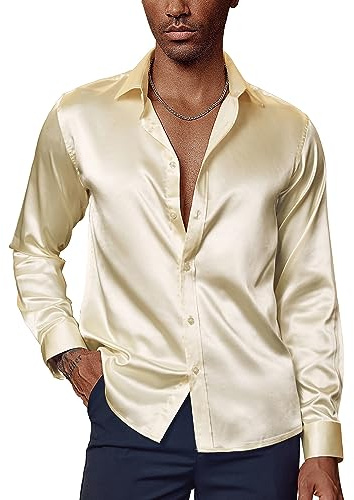 PJ PAUL JONES PaulJones - Camisa de manga larga para hombre, sin planchado, satén, fiesta, boda, camisa con pajarita a juego, albaricoque, L