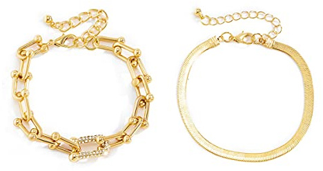 fdsmall Armbänder für Frauen 14K Gold versilbert zierliche Link Büroklammer Armbänder Kuba Stapelbare geschichtete Metallglied Armband Set Einfaches Armband mit Zirkonia für Frauen (Gold)