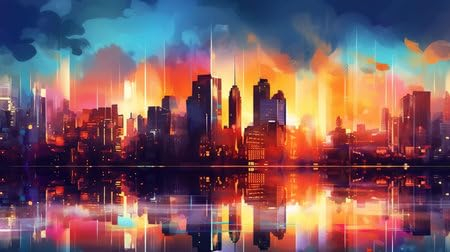 adrium Acryl-Bild 70 x 40 cm: Skyline der Stadt am Meer, Sonnenuntergang oder Sonnenaufgang (205862428)