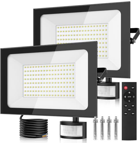 150W Security Lights with PIR Motion Sensor,IR Remote Control,15000LM 6500K Super Bright LED Floodlights Outdoor,IP65 Waterproof Spotlight,Ultra Thin Wall Lights for Garden Garage Yard Doorways-2 Pack