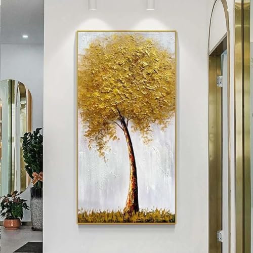 CBZKTR Ölgemälde auf Leinwand, großer Geldbaum, gelber Baum, Leinwanddruck, Wandkunst, Bild, Kunstwerk, Poster für Wohnzimmer, 30 x 63 cm/(12 x 25 Zoll) mit goldenem Rahmen