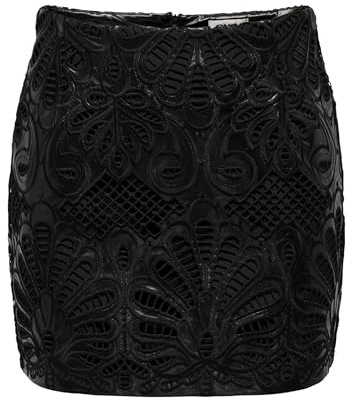 ONLY Onlsima MW Brod Ang Jupe en Faux Cuir, Noir/Détails : Noir EMB, S Femmes