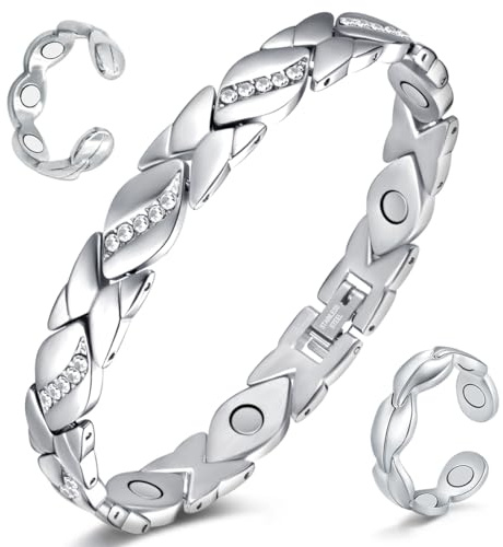 Cigmag Pulsera magnética de drenaje linfático para mujer y mujer, imanes ultrafuertes, acero de titanio, ajustable, con herramienta de extracción y caja de regalo (plata)
