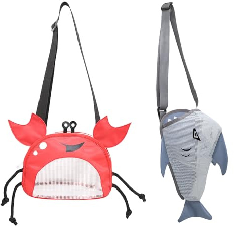 SacJkt Strandtasche, 2 Stück Niedliche Netztasche in Form einer Krabbe und Eines Hais mit Verstellbarem Riemen, Netztasche Strand für Urlaub am Meer(Rot+Grau)