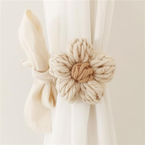 Herfair 2 Stück Vorhänge Raffhalter Gestrickte Blumen Gardinenclips, Handgefertigte Blumen Dekor Vorhang Gardinenclips Raffhalter Seil für Kinderzimmer Deko (Beige)