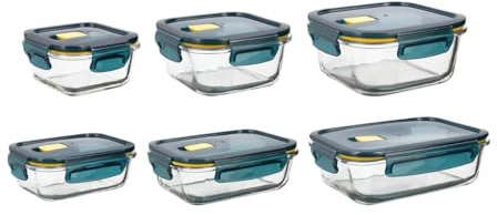 Quid Set de 6 recipientes herméticos Astral de vidrio, 104 cl | Azul, formato rectangular, tapa con 4 cierres, apto para microondas, congelador y frigorífico