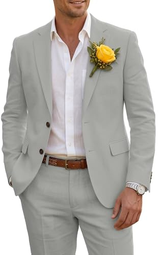 Wehilion Men's Gray Linen Suit Slim Fit 2 Piece Breathable Casual Blazer and Pants Set for Business Travel Office Summer