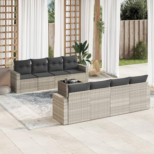 Homgoday Gartenmöbel-Set 9-teilig mit Kissen hellgrau Polyrattan, Set Schlafsofa, Loungesofa-Set für den Außenbereich, Modell 3218742