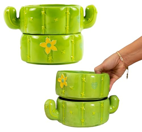 Cactus Pet Bowl - Cute Ceramic Food & Water Bowl Set for Cats & Dogs with Removable, Dishwasher-Safe Stainless Steel Insert - Set of 2