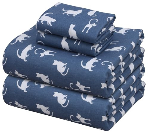 ZOYER Flannel Sheets Full Size - 100% Cotton Double Brushed Bed Sheets Set, Deep Pockets 16 Inches, All Seasons Breathable & Extra Soft Full Sheets, Warm & Cozy, 4 Piece, White Cat