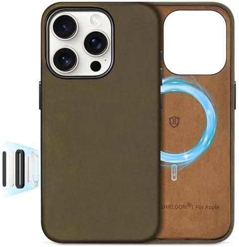 SHIELDON Lederhülle für iPhone 16 Pro, Hülle [Crazy Horse Leder] [Echtleder] [Leicht] [Anti-Fingerabdruck] [Kamerasteuerung] Kabelloses Laden Magnet Kompatibel mit iPhone 16 Pro 5G 6,3 2024 Khaki