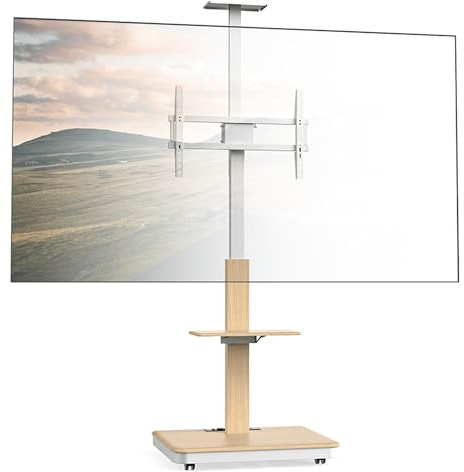 XTRARM Elite mobiler, höhenverstellbarer TV Ständer für 40-86 Zoll und max. 60 kg, neigbarer Standfuß bis max. VESA 600x400, mit Ablagen und Steckerleiste (Weiß, Manueller)