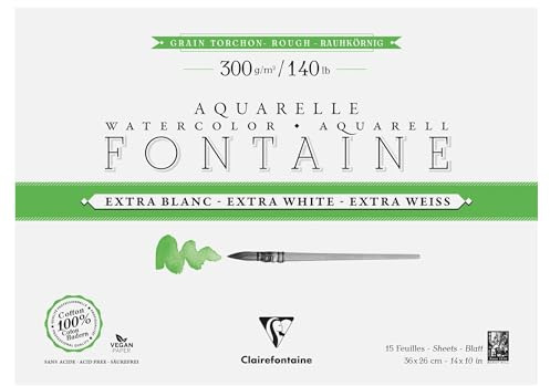 Clairefontaine 976081C Bloc Encollé 4 Côtés Fontaine Extra Blanc Grain Torchon 26x36cm 300g - 15 Feuilles Papier Aquarelle Extra Blanc 100% Coton - Qualité Professionnelle
