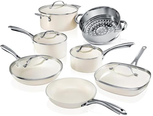 Juego de ollas y sartenes de cerámica de 12/15 Piezas, Juego de Utensilios de Cocina antiadherentes, Juego de Utensilios de Cocina de cerámica, Juego de 15 Piezas, Cobre