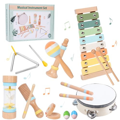 KIMIGO Musikinstrumente für Kinder ab 3 Jahr,Baby-Musikinstrumente,Musikinstrumente Musical Instruments Set,Schlaginstrumente aus Holz,Xylophon Montessori,Neutrale Farben Musikspielzeug