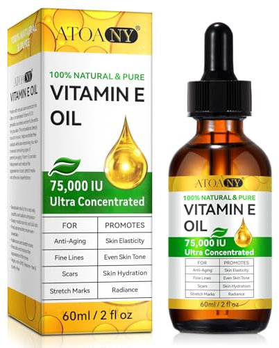 Huile de Vitamine E 75 000 UI - Pure & Naturelle, Soin Hydratant Visage, Corps, Cheveux, Cicatrices et Cuir Chevelu | Sans OGM, Sans Gluten, Sans Parabens (1 x 60 mL)