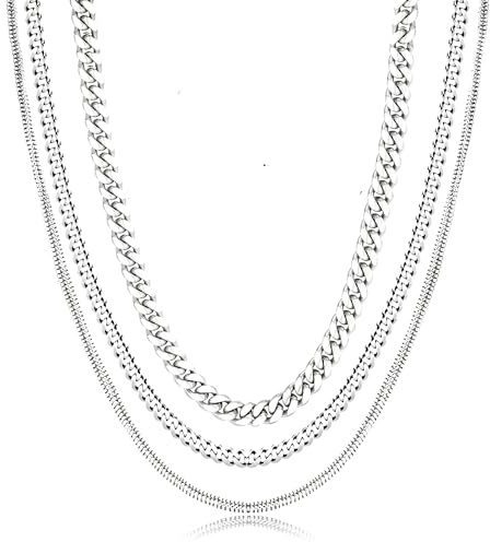 KENIY 3Pcs S925 Sterling Silver Necklaces Stackable Chain Necklace for Women Silver Cuban Herringbone Snake Paperclip Choker Chain Necklaces Sturdy & Fade-Proof Jewelry Gifts