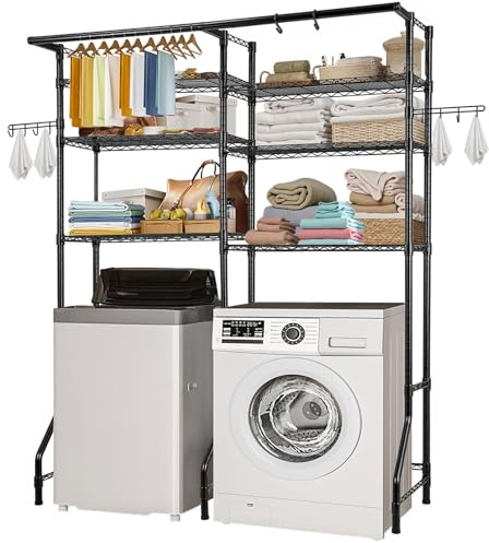 VEVOR Étagère de Rangement pour Lave-Linge et sèche-Linge à 6 Niveaux, étendoir à Linge avec Tringle et Crochets, étagères réglables à Deux rangées, Gain de Place, pour buanderie, Salle de Bain, Noir