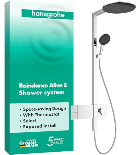 hansgrohe Raindance Alive S - Duschsystem mit Thermostat, Regendusche (300 mm) mit Armatur, Handbrause (3 Strahlarten inkl. PowderRain), Schlauch, Brausestange und runder Kopfbrause, Chrom, 24582000