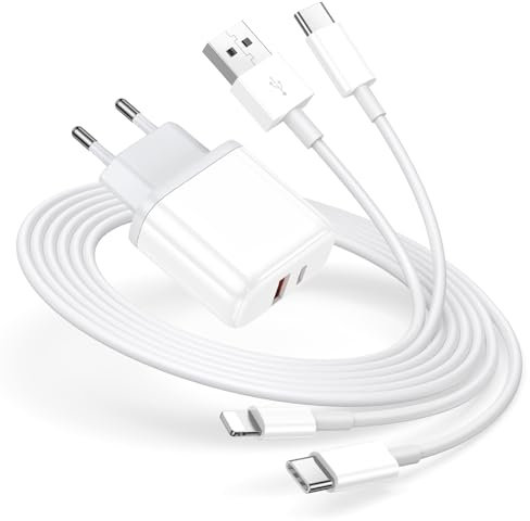 2Pack USB C Ladegerät Ladekabel, 20W Adapter Netzteil für iPhone 16 15 14 13 12 11 Pro Max SE XS XR 8 Plus 2 Ports mit 2M USBC Schnellladekabel + Light-ning Kabel, Mehrfach Stecker Handy Ladestecker