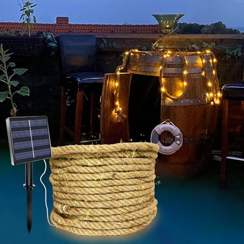 MEDOYOH 15M Solar Rope Fairy Light of 300 LED, Solar Hemp Rope String Lights with 8 Lighting Modes Waterproof for Garden Patio Balcony Swing Trunk Decor