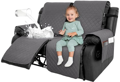 2 Seat Recliner Sofa Covers with Pocket - Water Repellent Furniture Protector Non Slip Armchair Slipcovers, Soft Washable Sofa Slipcover for Recliner with Adjustable Tightening Straps (Dark Gray）