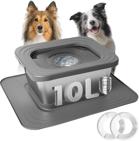 Bostar 10L Wassernapf Hund Ohne Sabbern mit XXL Silikonmatte/Ersatzfilter, Edelstahl Trinknapf Anti Schlabber Wasserspender für Mittelgroße/Große Hunde, Spülmaschinenfest