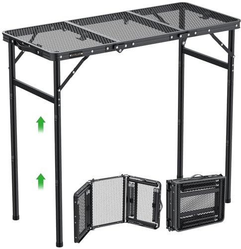 GARLLEN Mesa plegable para parrilla, mesa de camping ligera de 3 alturas ajustables con mesa resistente al calor, mesa portátil de aluminio para exteriores, para barbacoa, picnic, 35.4 pulgadas de