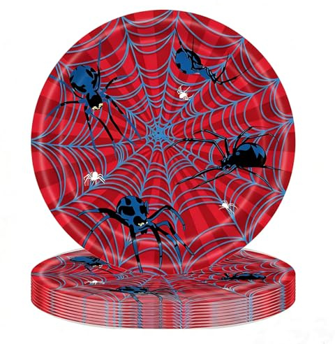 Fesnova Spinnennetz Party Pappteller,spinne geburtstagsdeko 9 zoll,Rot und Blau,für Spinnenthema Partyzubehör Jungen,Mädchen,Halloween,Geburtstagsparty-Dekoration,Kann Wiederverwendet werden,10 stück