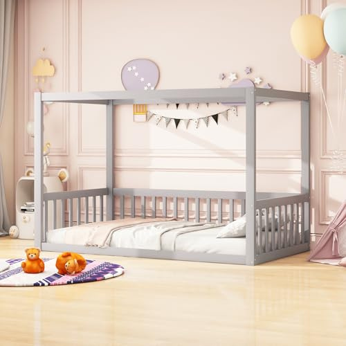 BXEYXE Kinder-Standbett 90 x 200 cm. Himmelbett Massivholz Bettgestell für Kinder Jugendliche Grau