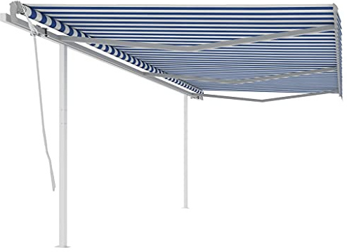 QJBSAVVA Store à bras articulé, 600 x 350 cm, bleu et blanc, cadre en aluminium revêtu par pulvérisation, manivelle rétractable, protection solaire, terrasse, balcon, tissu extérieur robuste pour
