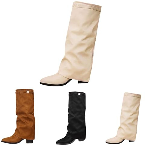 Läder ankelstövlar dam med blockklack – slouchy stövlar hopfällbar över långa stövlar enfärgad elegant högklackade stövlar festliga slip-stövlar vintage cowboystövlar övergångsstövlar, Beige, 43 EU