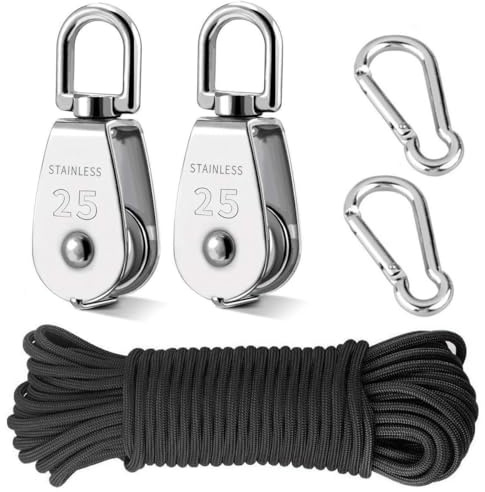 5 Stück Flaschenzug Set, Enthalten 2 Umlenkrolle M25 und 2 Karabiner M6 und 20 m Nylonseil, Umlenkrolle Set aus Edelstahl 304 für Sonnensegel Fitness Seilwinde