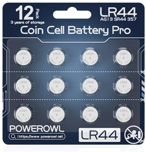 POWEROWL 12 PCS LR44 1.5V Button Coin Cell Batteries For Flashlights, Watches (Grey)