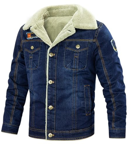 Juankrynord Men's Winter Fashion Lined Fleece-Lined Denim Jacket Retro Design Warm Fleece Workwear Jacket Button-Front Collar Transition Denim Coat