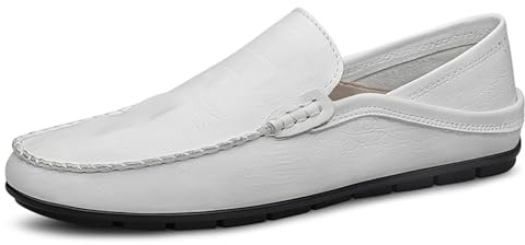 Penny Loafers for män Handgjorda körskor i mockasin Slip-On Comfort Båtstil Casual Skor(White,42 EU)