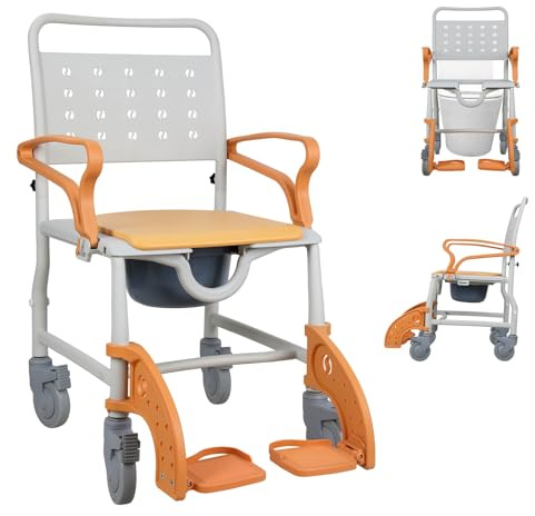 4-in-1 Roll-Duschstuhl mit Rollen, Rollstuhl mit Toiletteneimer und Sicherheitsverriegelungsrädern, faltbarer Badezimmer-Nachttisch, Toilettenstuhl für Senioren, ältere Menschen und Behinderte, 159 kg